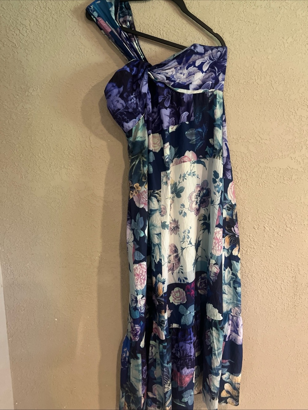 Maeve Anthropologie One-Shoulder Maxi Dress in Navy and Lavender floral M Lined